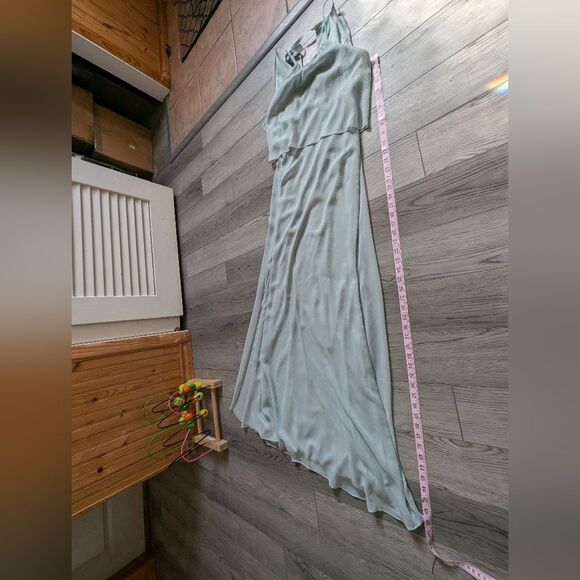 David's Bridal Flounced Chiffon Maxi Halter High Neck Dusty Sage Dress Size 6 - Picture 7 of 7